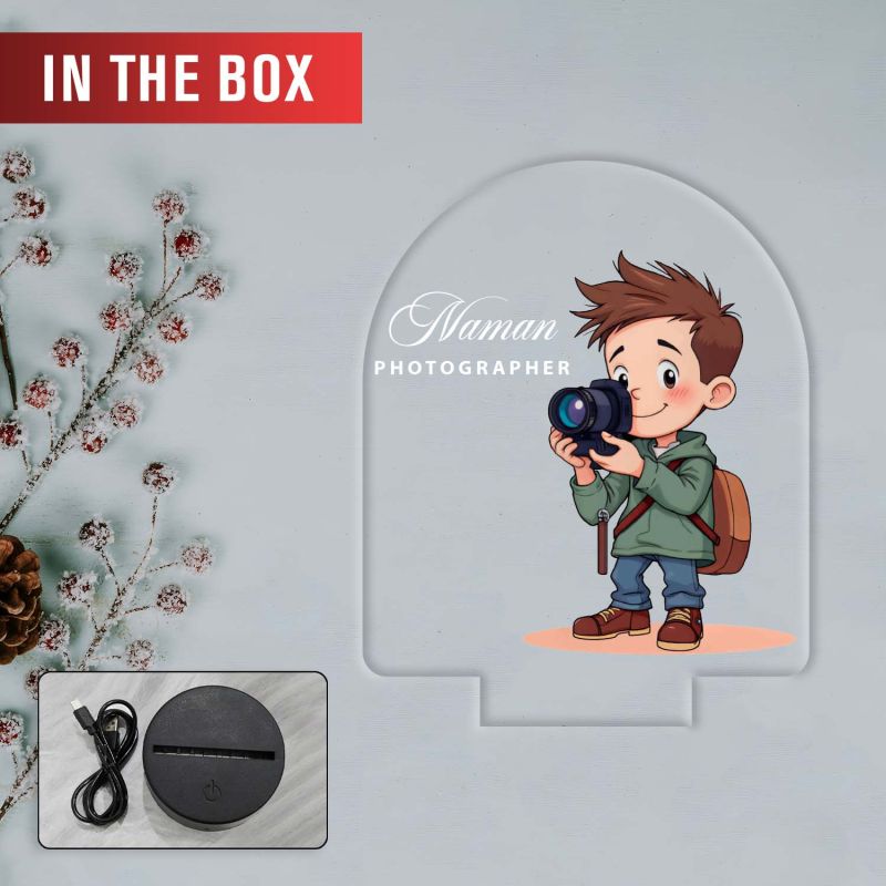 Personalized Photographer LED Night Light, Cartoon Boy with Camera Design, Color Changing Acrylic Lamp Gift for Photographer Office & Home Decor Light